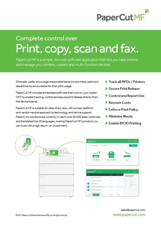 Fact Sheet Cover, Papercut MF, Northern Document Solutions, Prince-Albert, SK, Saskatchewan, Agent, Dealer, Reseller, Xerox, HP, MBM