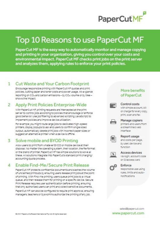 Top 10 Reasons, Papercut MF, Northern Document Solutions, Prince-Albert, SK, Saskatchewan, Agent, Dealer, Reseller, Xerox, HP, MBM