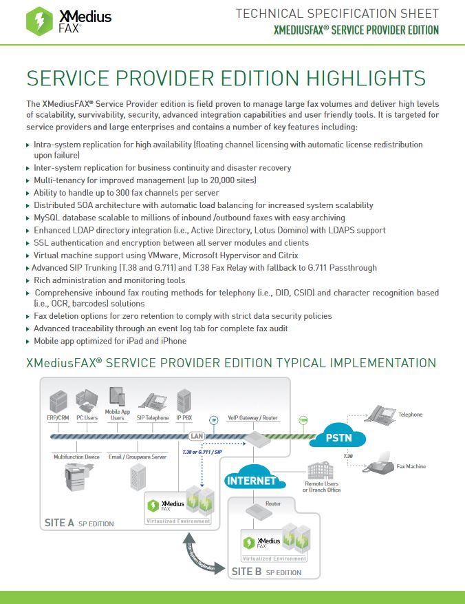 Xmedius Fax Service Provider Edition Brochure Cover, XMedius Fax, Northern Document Solutions, Prince-Albert, SK, Saskatchewan, Agent, Dealer, Reseller, Xerox, HP, MBM